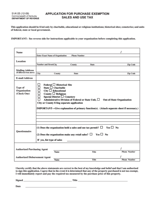 Form 51a125 Application For Purchase Exemption Sales And Use Tax