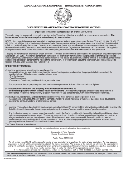 Form Ap 206 1 Application For Exemption Homeowners Association
