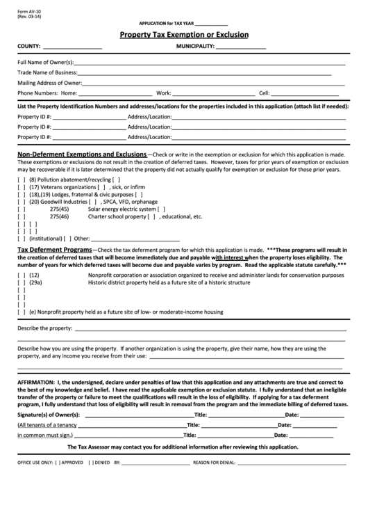 Form Av 10 Application For Property Tax Exemption Printable Pdf Download