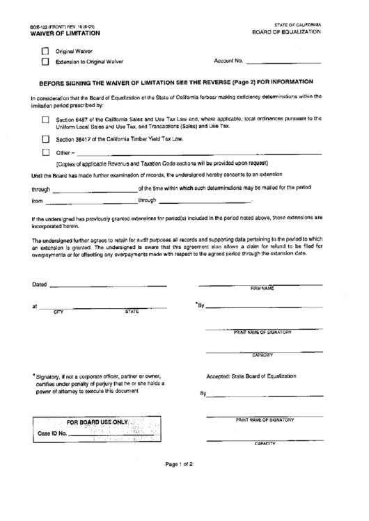 Form Boe 122 Board Of Equalization Waiver Of Limitation Printable 