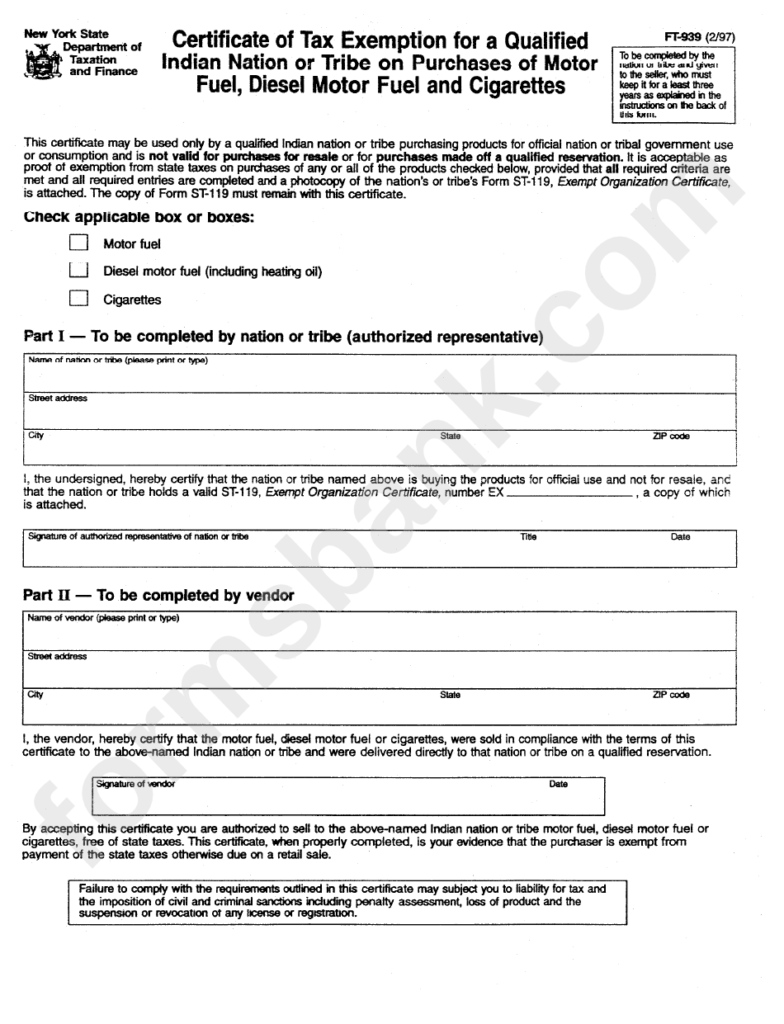 Form Ft 939 Certificate Of Tax Exemption For A Qualified Indian 