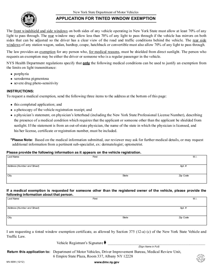 Form MV 80W Application For Tinted Window Exemption New York Free 