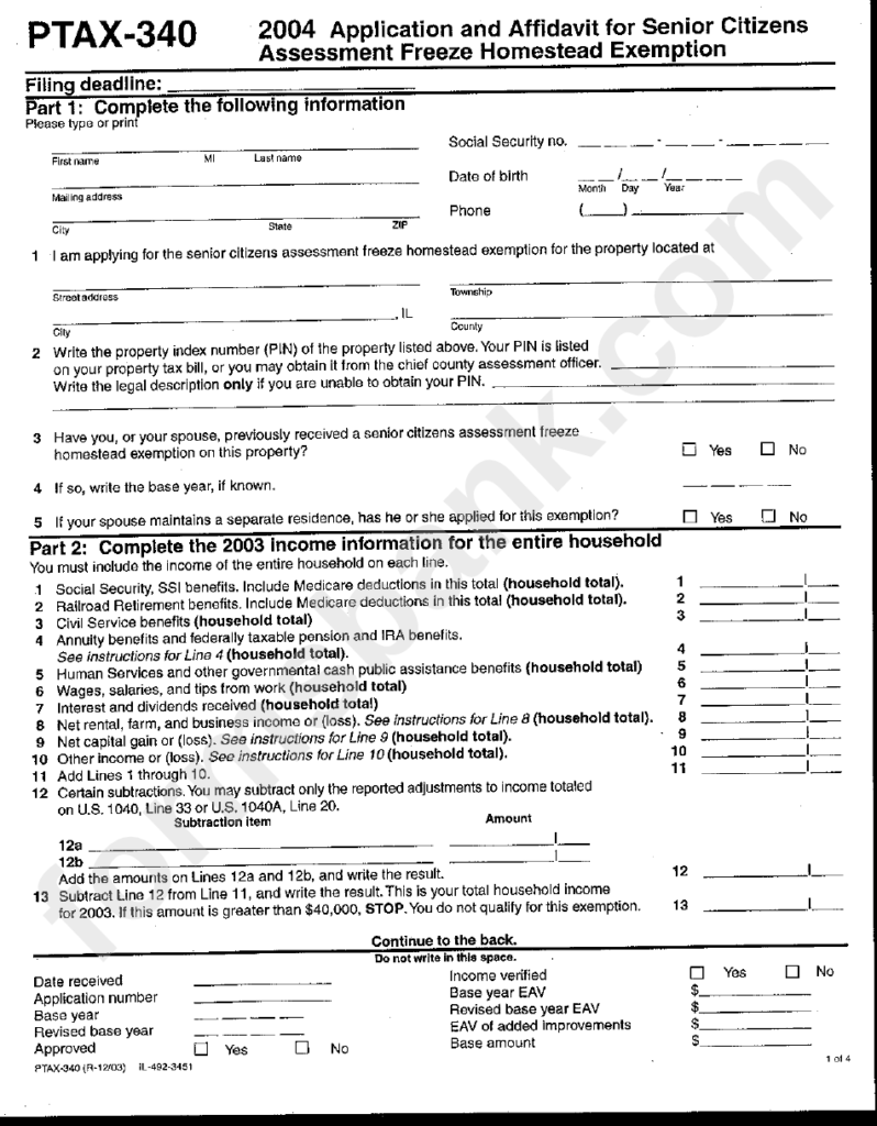 Form Ptax 340 Application And Affidavit For Senior Citizens