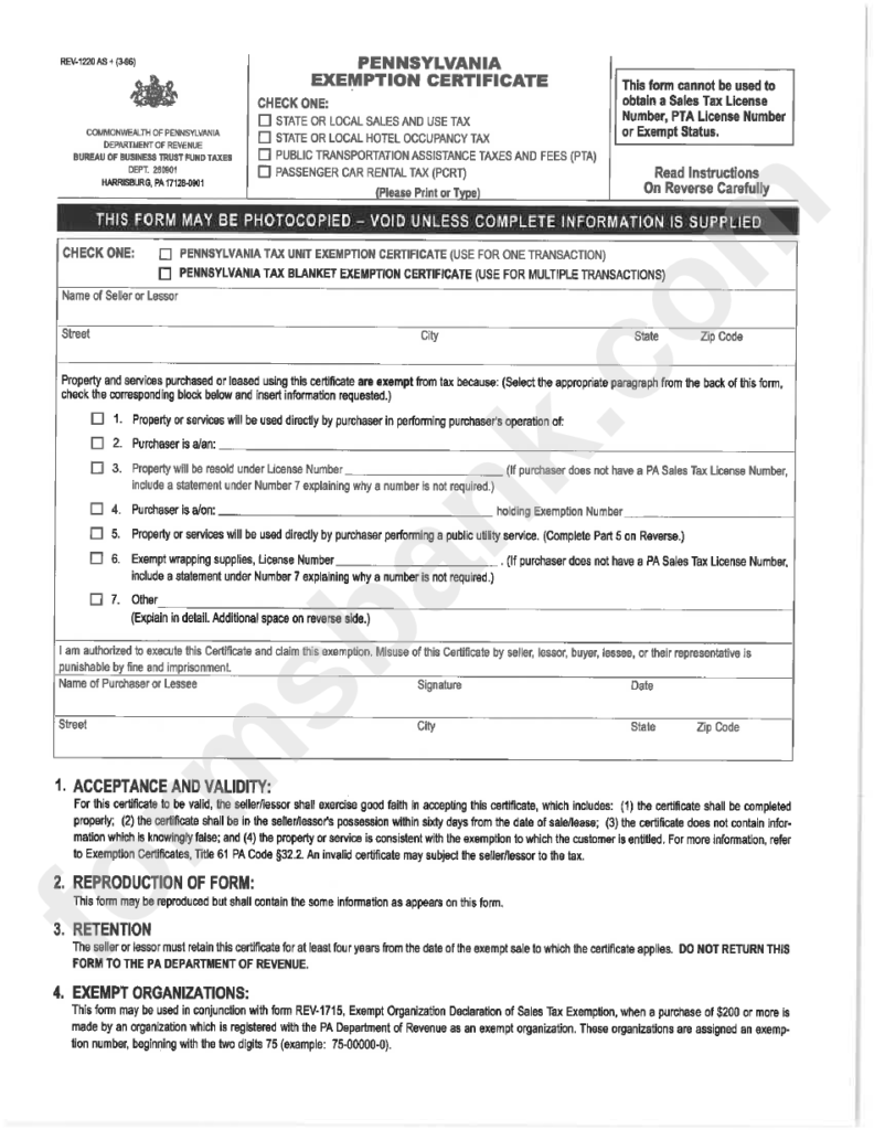 Form Rev 1220 Pennsylvania Exemption Certificate Printable Pdf Download