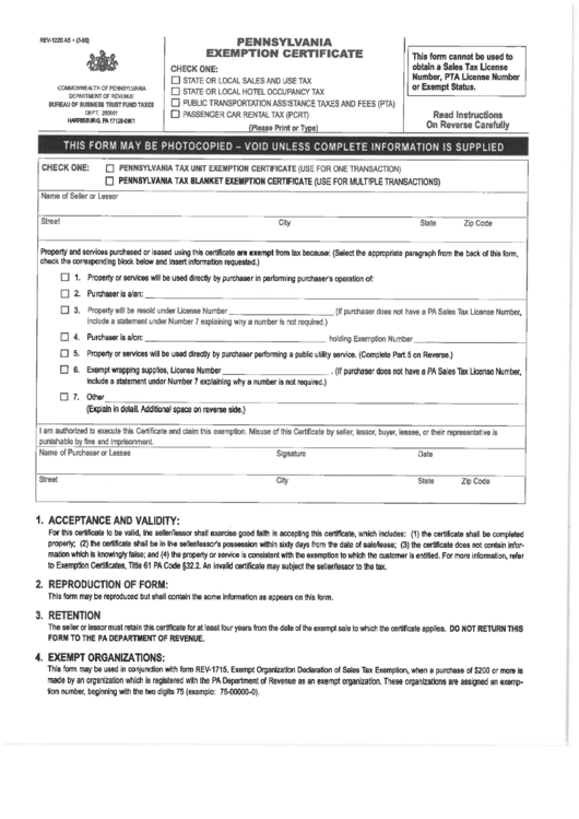 Form Rev 1220 Pennsylvania Exemption Certificate Printable Pdf Download
