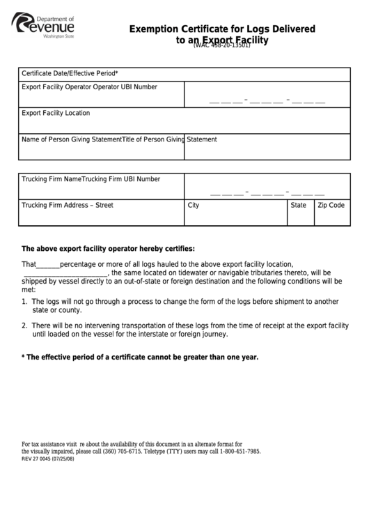 Form Rev 27 Washington Exemption Certificate For Logs Delivered To An 