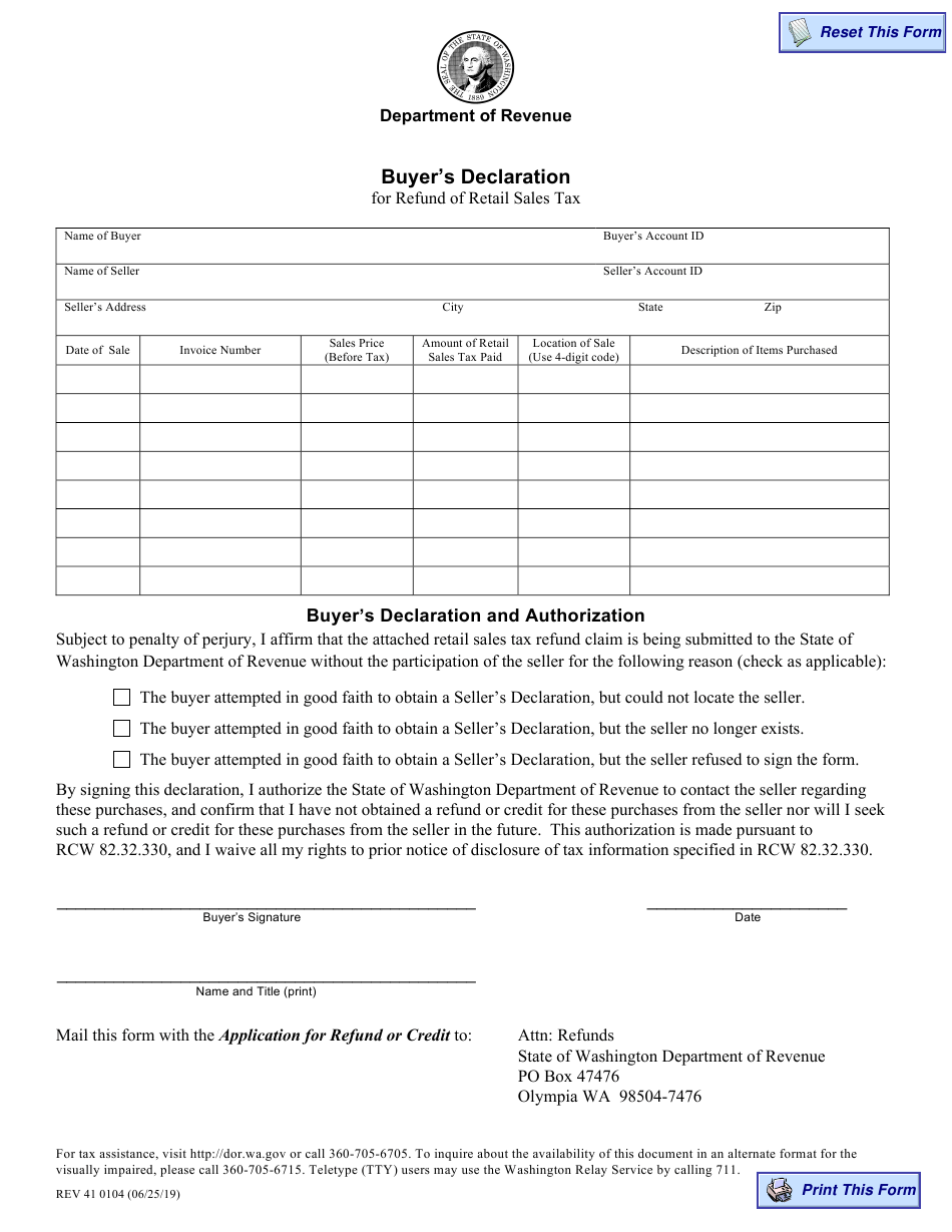 Washington State Sales Tax Exemption Refund Form