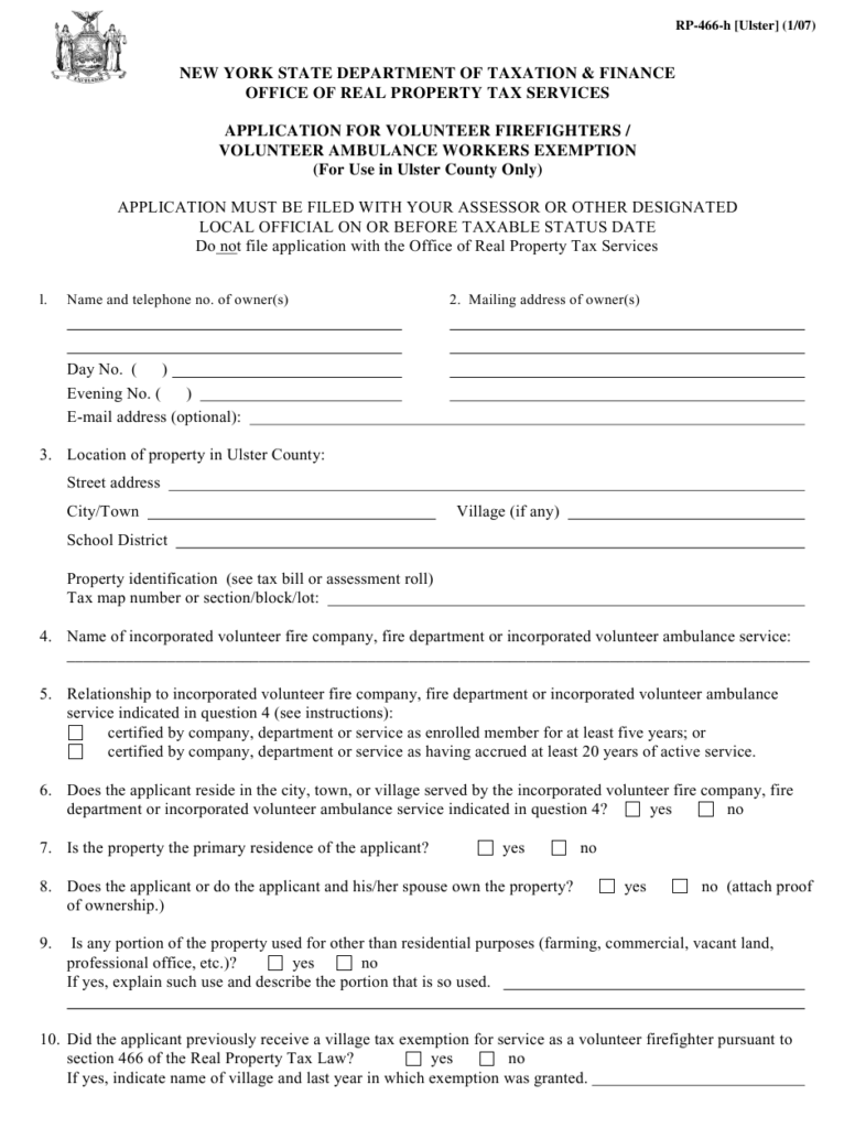 Form RP 466 H ULSTER Download Fillable PDF Or Fill Online Application