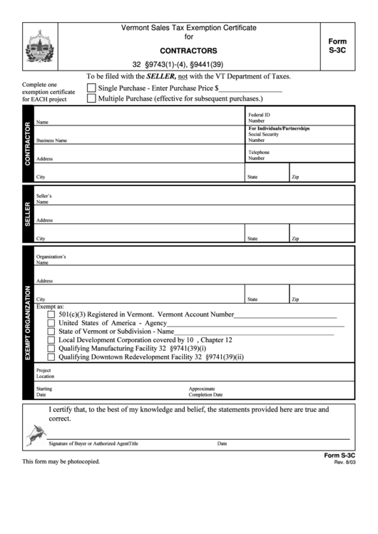 Form S 3c Vermont Sales Tax Exemption Certificate For Contractors 