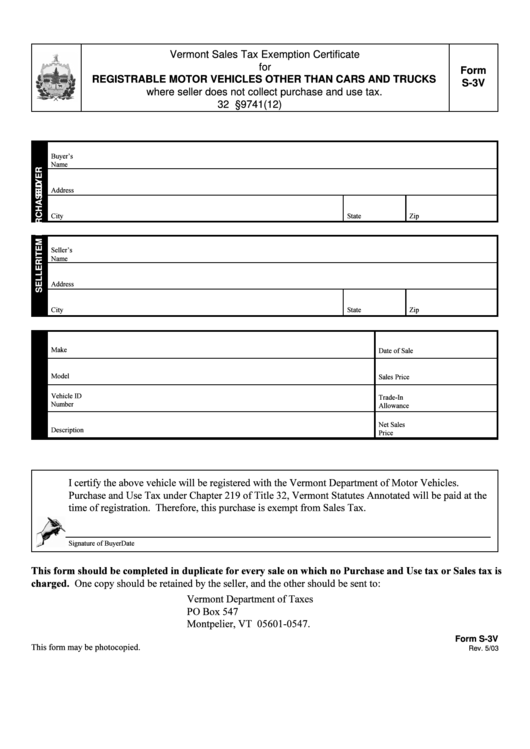Form S 3v Vermont Sales Tax Exemption Certificate For Registrable 