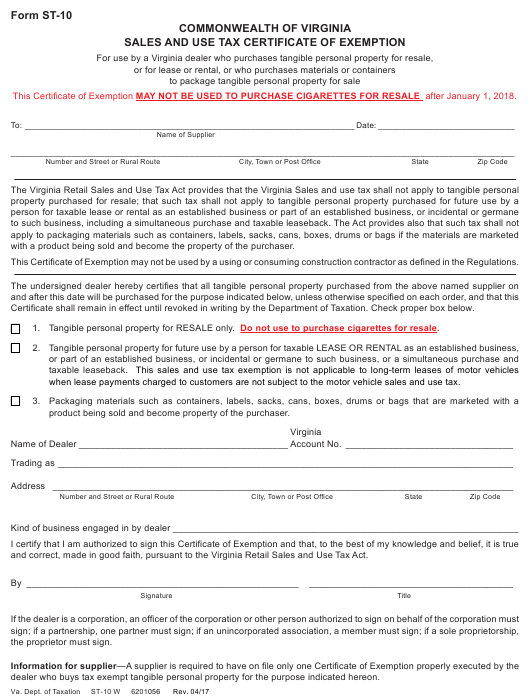 Form ST 10 Download Fillable PDF Exemption Certificate For Certain 