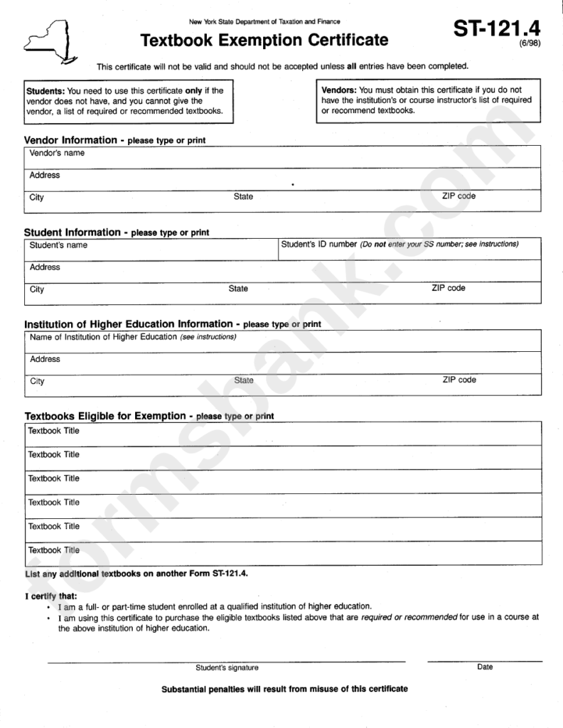 Form St 121 4 Textbook Exemption Certificate New York State 