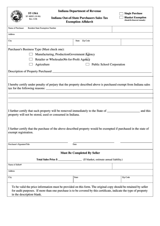 Form St 136a Indiana Out Of State Purchasers Sales Tax Exemption 