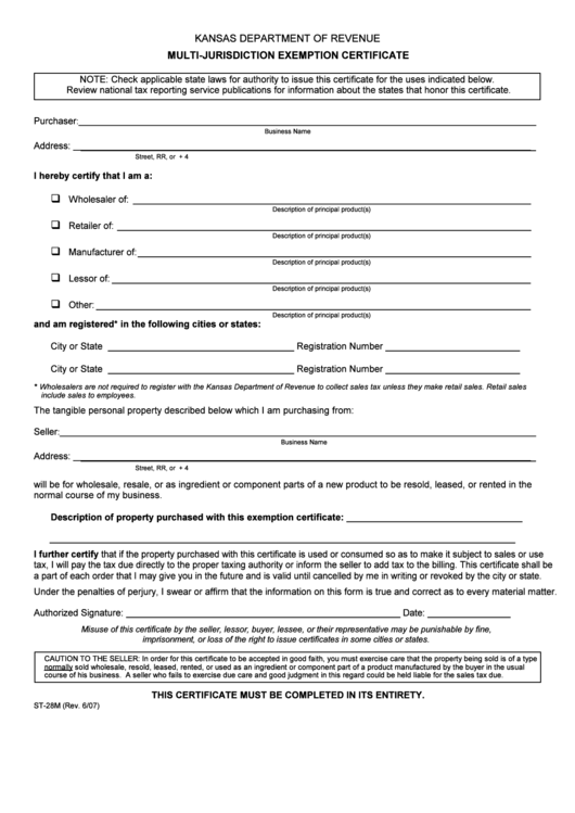 Form St 28m Multi jurisdiction Exemption Certificate Form Kansas 