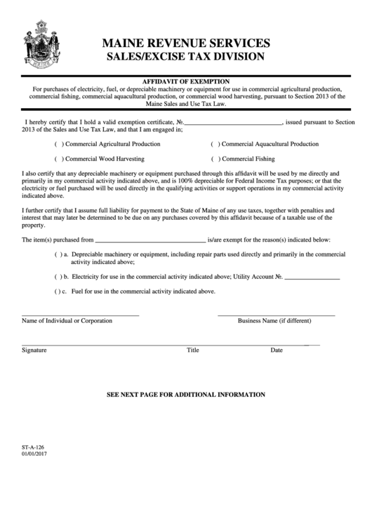 Form St A 126 Affidavit Of Exemption Sales excise Tax Division 