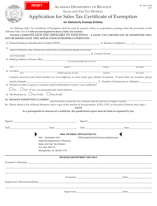Form ST EX A1 SE Download Fillable PDF Or Fill Online Application For 