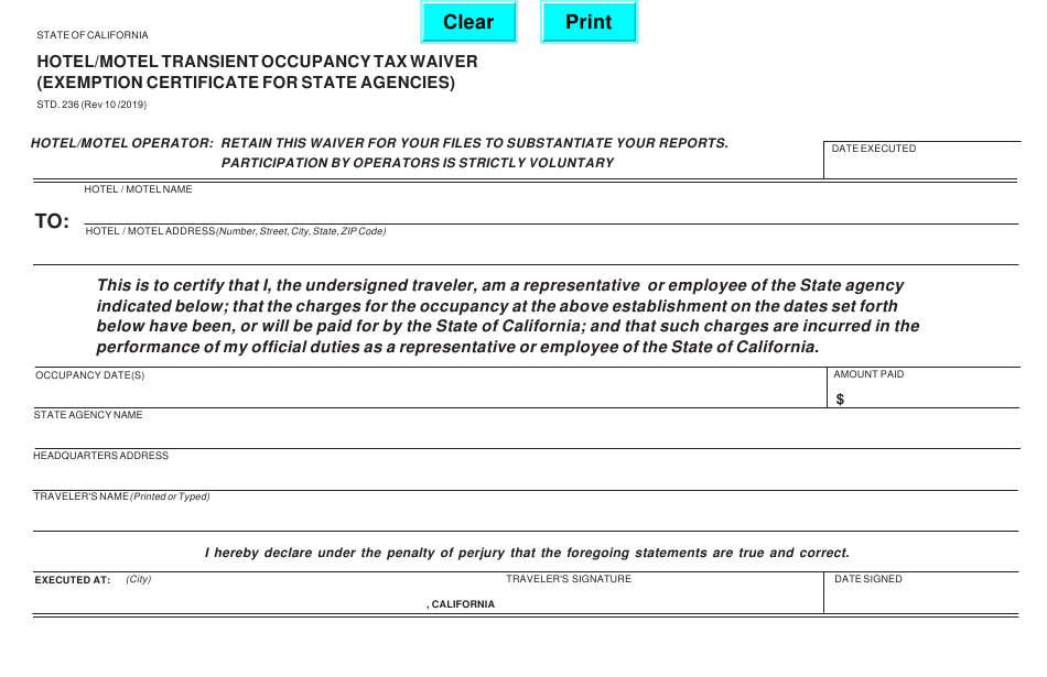 Form STD 236 Download Fillable PDF Or Fill Online Hotel Motel Transient 