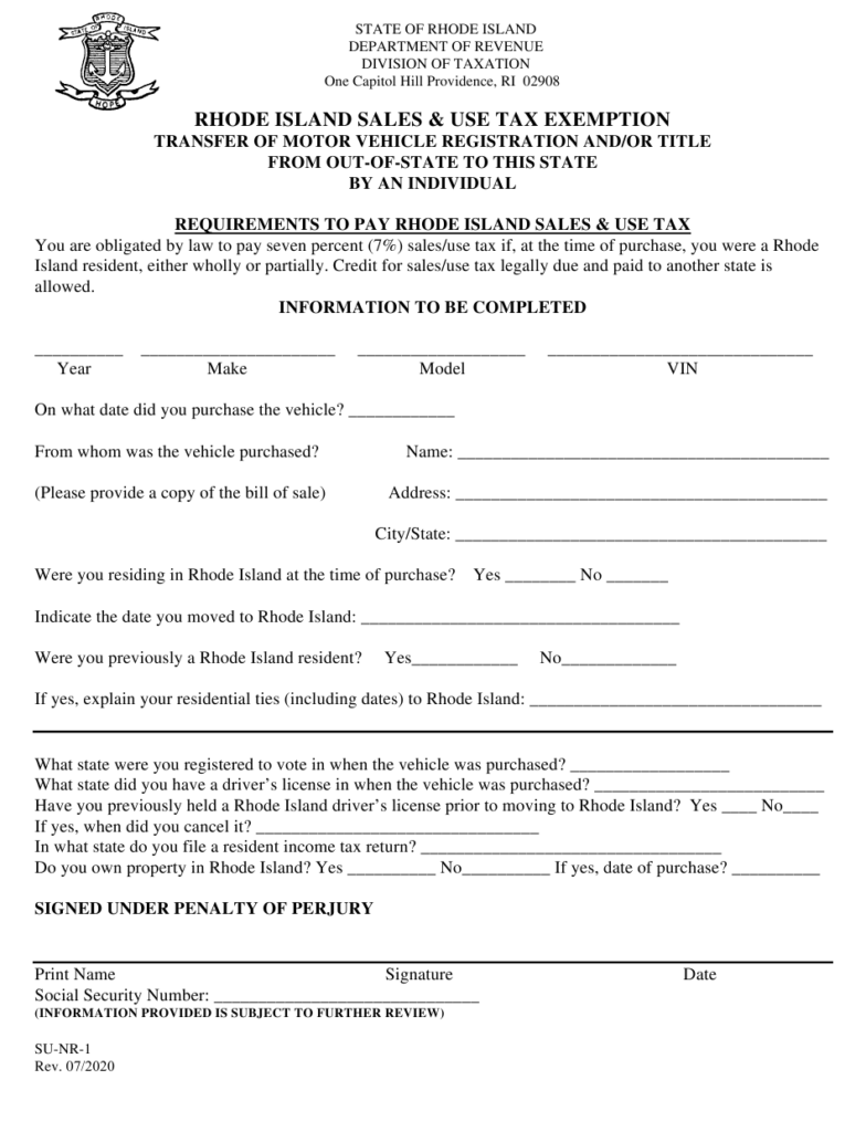 Form SU NR 1 Download Printable PDF Or Fill Online Rhode Island Sales