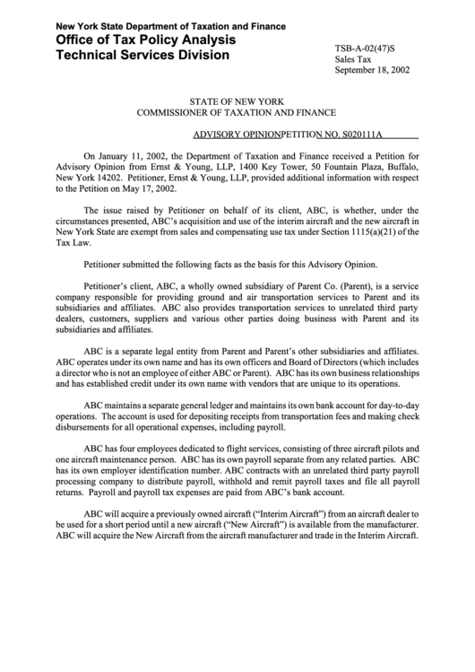 Form Tsb A 02 47 s Commissioner Of Taxation And Finance September 