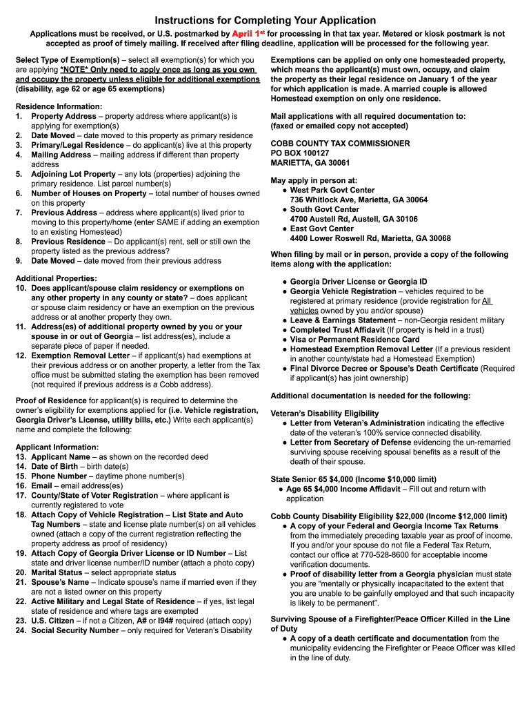 GA Application For Cobb County Homestead Exemptions 2020 Fill Out Tax 