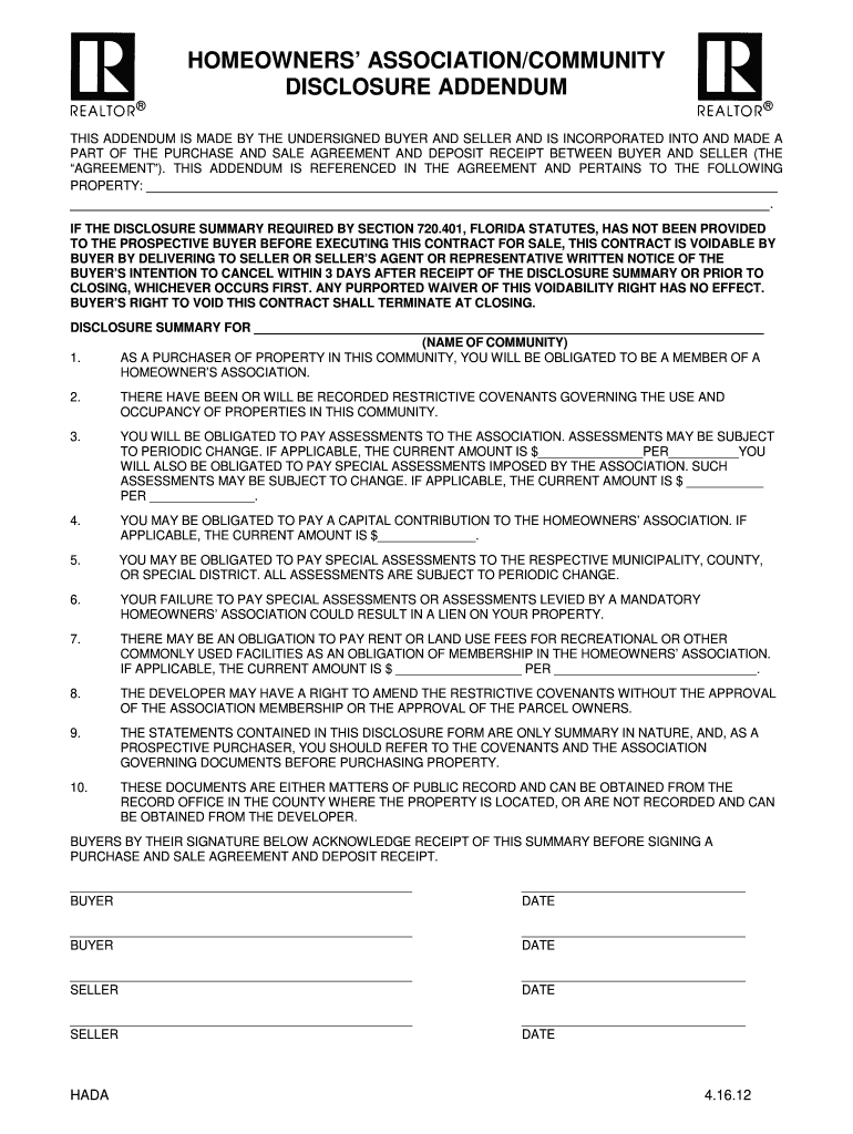 Hoa Addendum Florida Fill Online Printable Fillable Blank PdfFiller