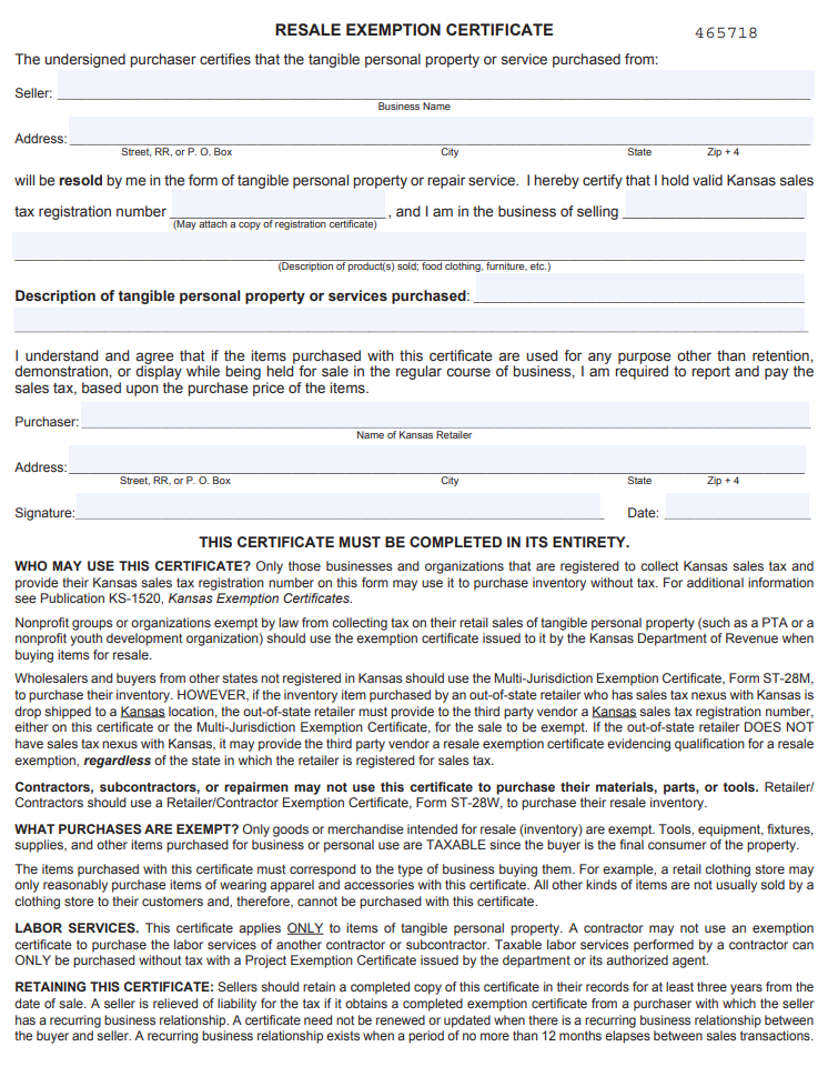 How To Get A Resale Exemption Certificate In Kansas 