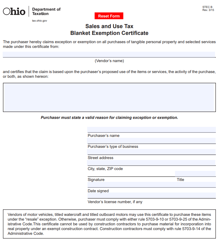 State Of Ohio Tax Exemption Form