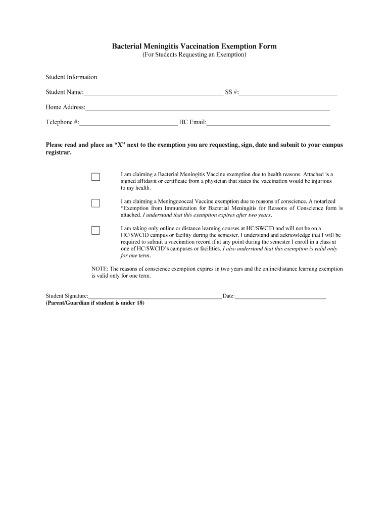 Howard College Bacterial Meningitis Vaccination Exemption Form Fill