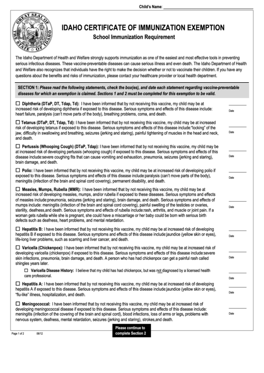 Idaho Certificate Of Immunization Exemption Form Printable Pdf Download
