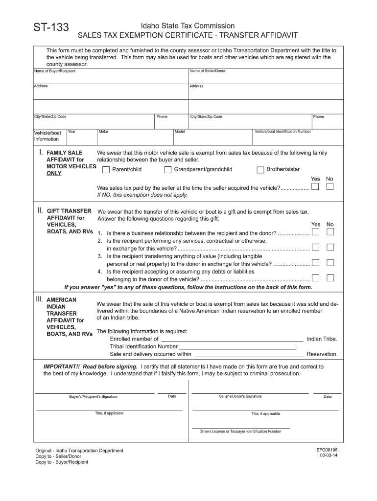 Idaho Sales Tax Exemption Form St 133 Fill Online Printable