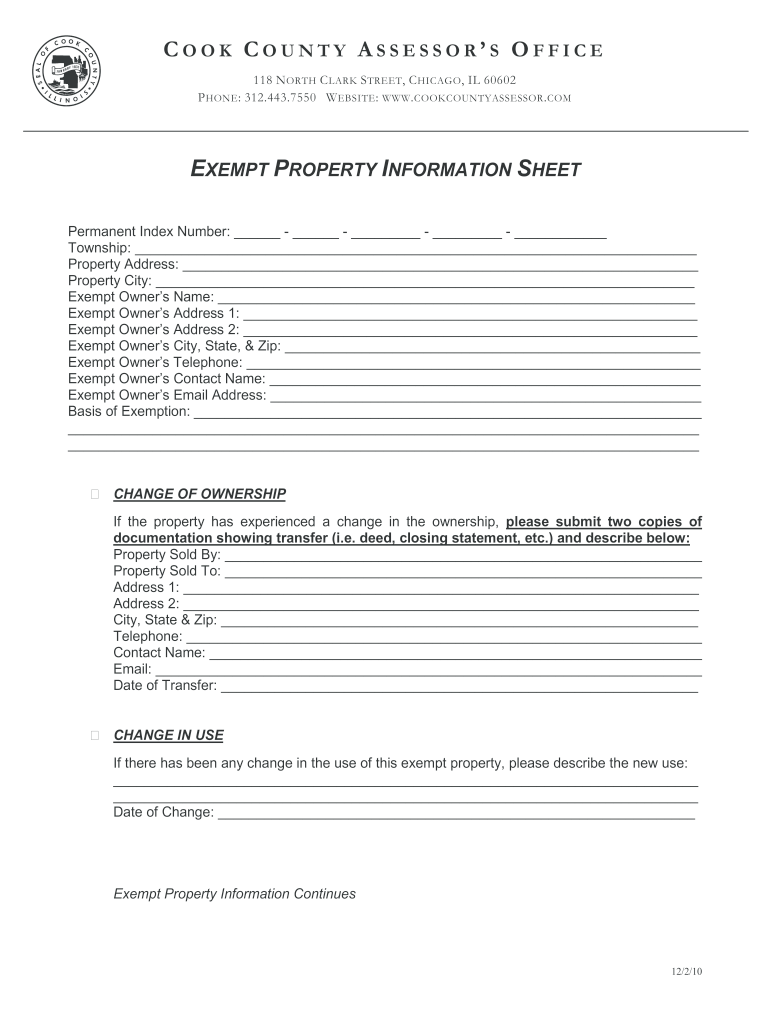 IL Cook County Exempt Property Info Sheet 2010 2024 Fill And Sign 