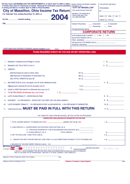Income Tax Return Form Massillon Tax Department 2004 Printable Pdf