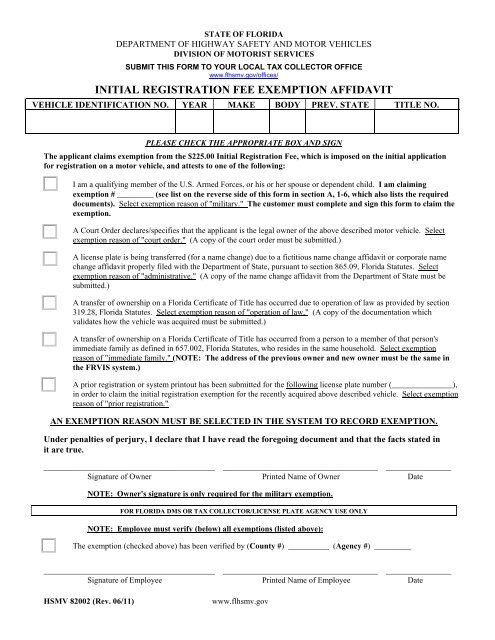 Initial Registration Fee Exemption Affidavit Osceola County Tax