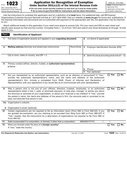 IRS Form 1023 Download Printable PDF Application For Recognition Of 