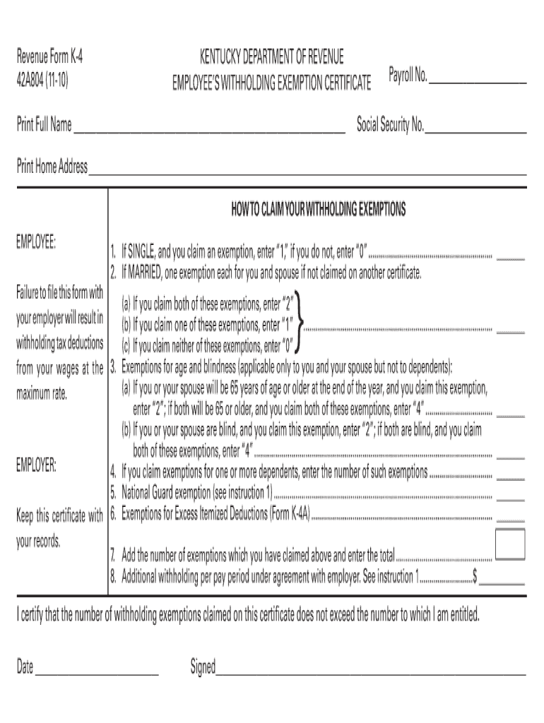 KY DoR 42A804 Form K 4 2010 Fill Out Tax Template Online US Legal Forms