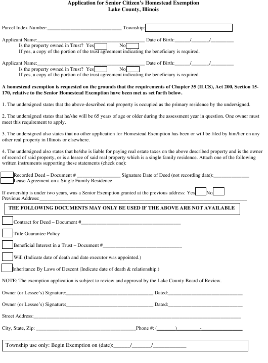 Lake County Illinois Application For Senior Citizen s Homestead 