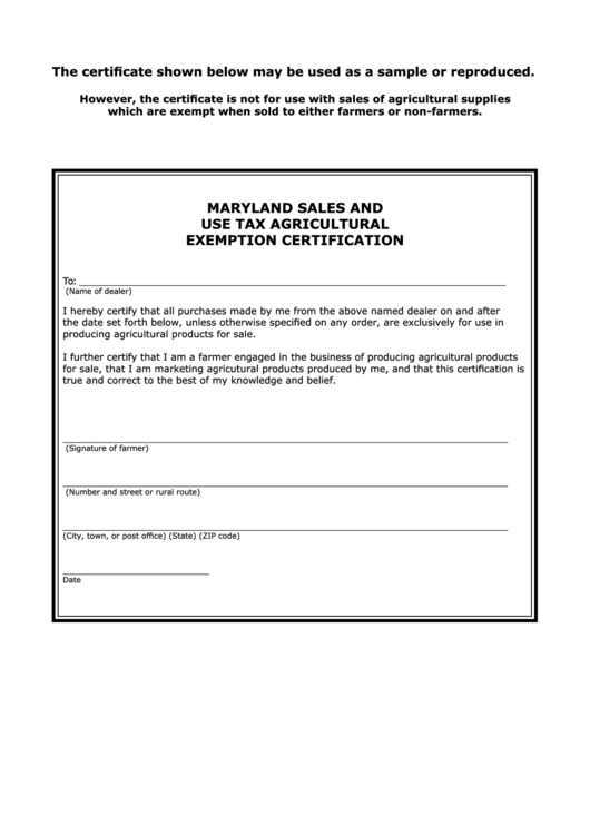 Maryland Sales And Use Tax Agricultural Exemption Certification