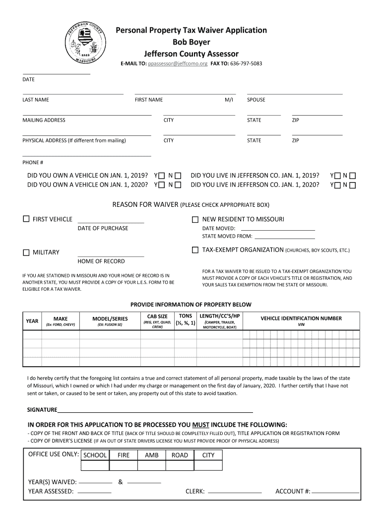 MO Personal Property Tax Waiver Application Jefferson County 2019 