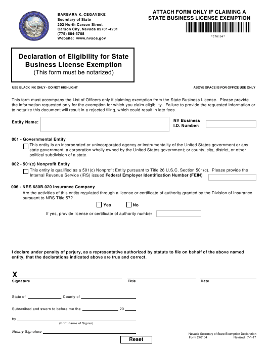 Nevada Business License Exemption Form Paul Johnson s Templates