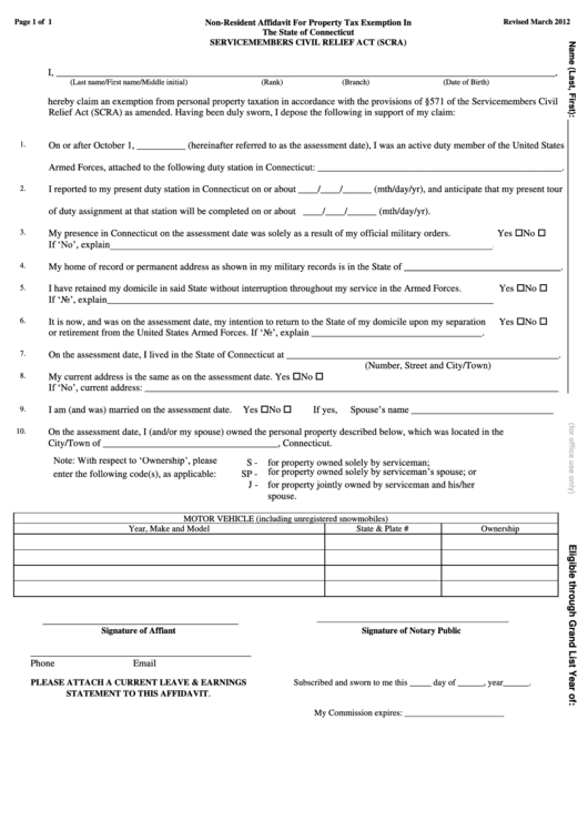 Non Resident Affidavit For Property Tax Exemption Form The State Of 
