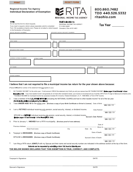 Ohio Individual Declaration Of Exemption Download Fillable PDF 