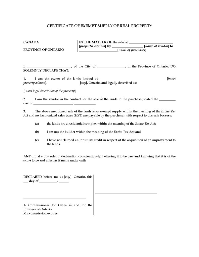 Ontario HST Exemption Certificate For Sale Of Real Property Legal 