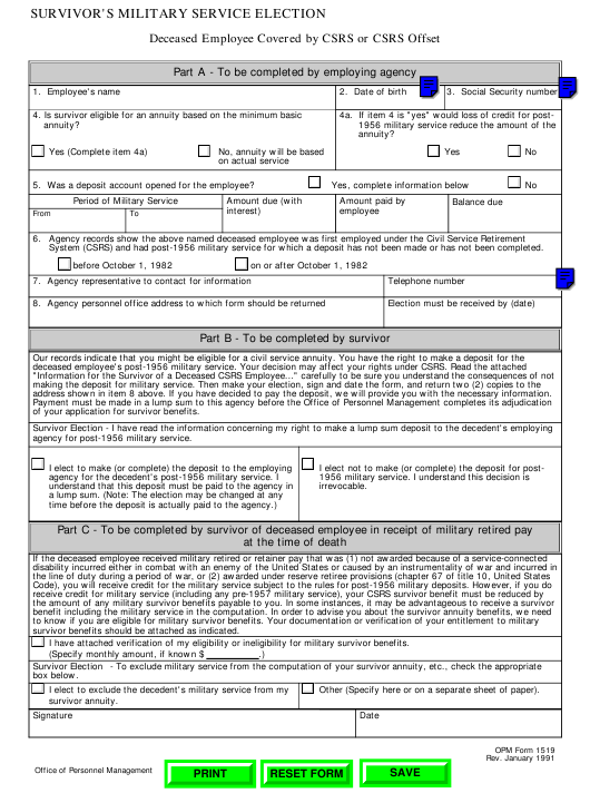 OPM Form 1519 Download Fillable PDF Or Fill Online Survivor s Military 