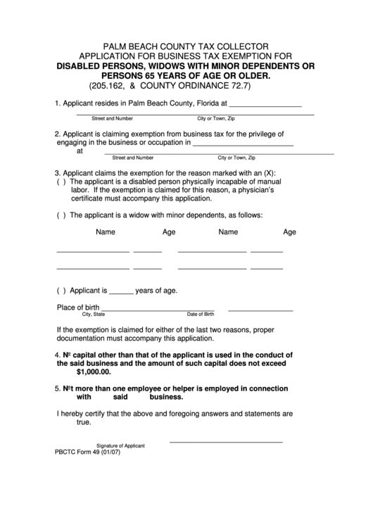 Pbctc Form 49 Application For Business Tax Exemption For Disabled
