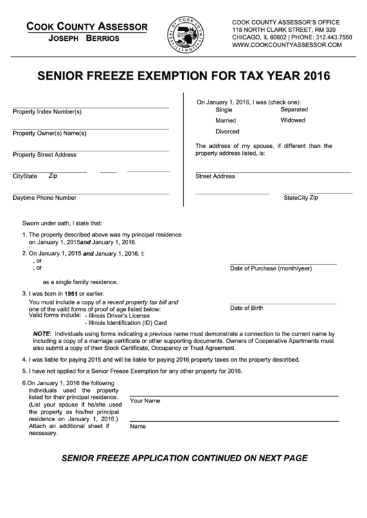 Senior Freeze Exemption Cook County Assessor 2016 Printable Pdf 