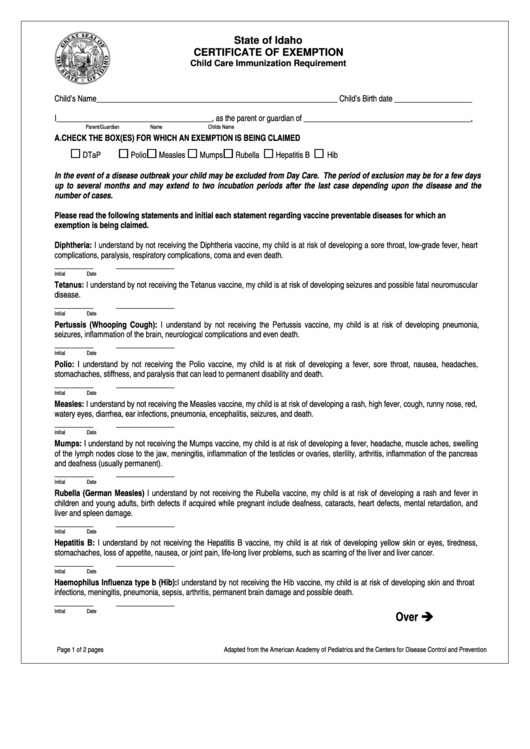 State Of Idaho Certificate Of Exemption Child Care Immunization 