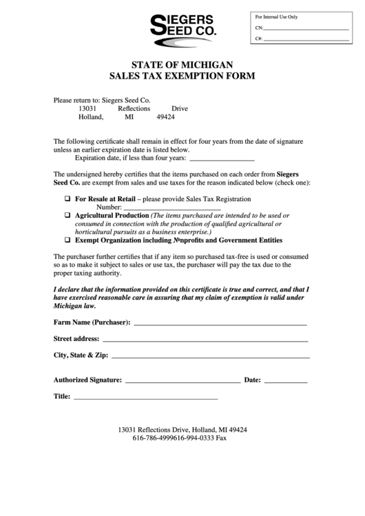 State Of Michigan Sales Tax Exemption Form Siegers Seed Co Printable