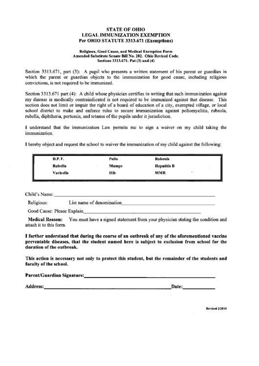 State Of Ohio Legal Immunization Exemption Printable Pdf Download