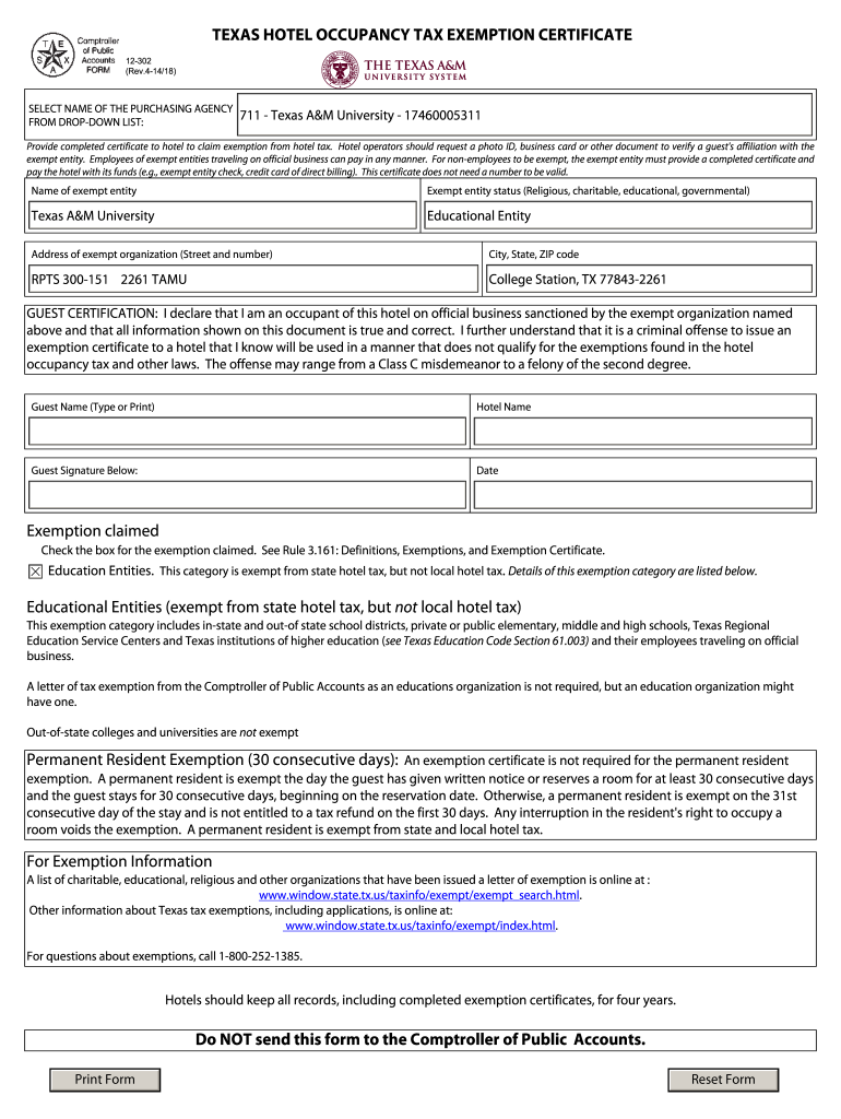 Texas Tax Exempt Form Hotel Fill Out And Sign Printable PDF Template 