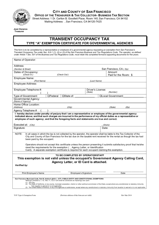 Transient Occupancy Tax Type A Exemption Certificate For Governmental 